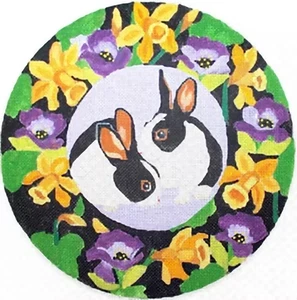 Needlepoint Handpainted Melissa Prince Double Bunny Wreath 10" - Picture 1 of 4