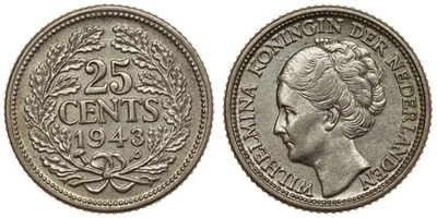 Netherlands - 25 Cents 1943-P - Wilhelmina, Silver - Image 1 of 3