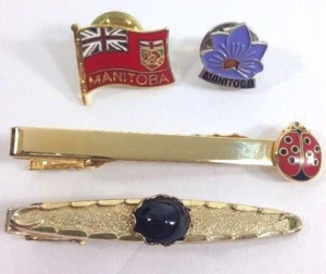 Vintage Lot Tie Lapel Pins Manitoba Flag Provincial Flower Prairie Crocus Tiebar - Imagen 1 de 8