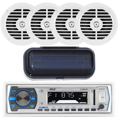 Pyle PLMRB29W Marine Boat MP3 AUX USB Bluetooth Media Radio w/ 4 Speakers /Cover - Image 1 of 4