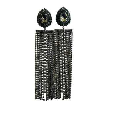 Crystal tassel Earrings bling Pierced rhinestone dangle Shoulder Sweepers 6"L - Image 1 of 4