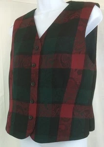 Pendleton dk green red black print plaid virgin wool vest lined womens 14P - Picture 1 of 7