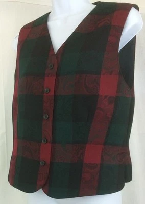 Pendleton dk green red black print plaid virgin wool vest lined womens 14P - Image 1 of 4