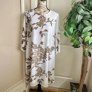 Eva Mendes 3/4 Sleeve Floral Shift Dress White Taupe Sz M - Picture 1 of 16