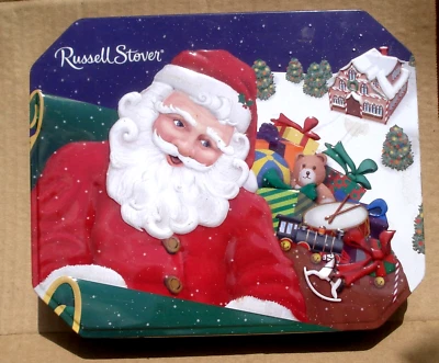 Russell Stover Christmas Santa Candy Tin 8 x 10" Embossed w/ Hinged Lid (Empty) - Image 1 of 4