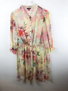 Vince Camuto Swimsuit Coverup SZL Sheer Pink Yellow Floral Side Slits Buttons A4 - Picture 1 of 7