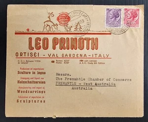 1959 Italy Leo Prinoth Cover ties 2 stamps cd Ortisei-Fremantle - Picture 1 of 2