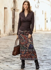 NWT Peruvian Connection Sung Tapestry Midi Skirt Size Small Fig Floral Peacocks - Picture 1 of 12