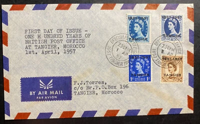 1957 Tanger Morocco British Agencies First Day Airmail Cover FDC Centennial - Image 1 of 2