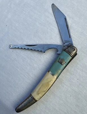 Navaja de bolsillo de pesca vintage imperial con mango azul y blanco de 2 hojas EE. UU. Foto 1 de 4