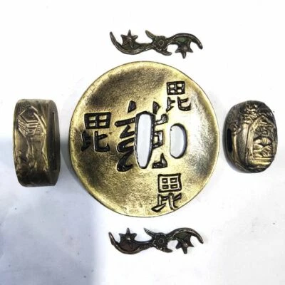 Round Set Warrior Tsuba Menuki Fuchi Kashira Accessory For Japanese Katana Sword - Image 1 of 4