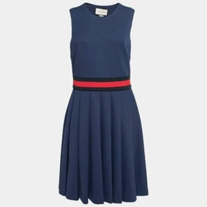 Gucci Navy Blue Jersey Web Stripe Detailed Pleated Dress XL - Picture 1 of 6