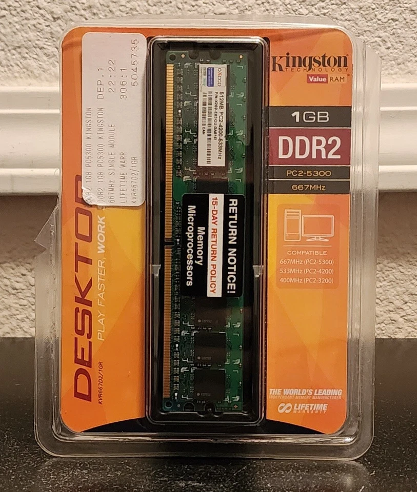 Kingston KVR66702/1GR PC2-5300 1GB Dimm 667MHz DDR2 9905429 - 002. AOOLF - Image 1 of 3