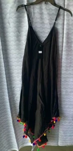 Damen V-Ausschnitt Baumwolle Regenschirm Kleid Schwarz Kleid Party Kaftan Bommel Sommer Strand - Bild 1 von 2