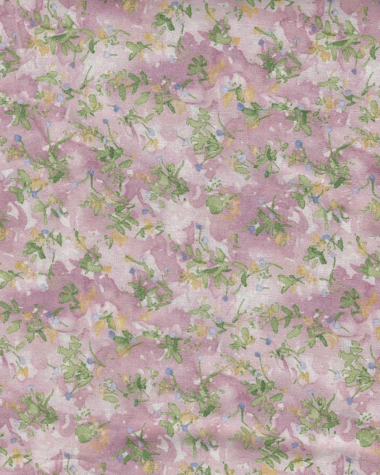 Tela Kaufman, fusiones, flores pequeñas amarillas, verdes y azules sobre rosa por/yd Foto 1 de 1