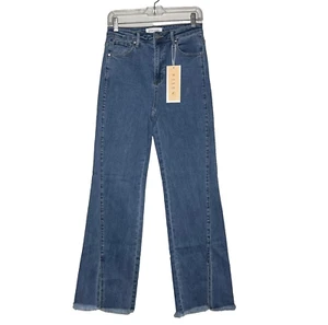 RISEN High Rise Jeans Frayed Slit Hem Flare Stretch Women's 7/28 Blue Hippie - Picture 1 of 21