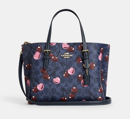 Borsa Coach Mollie nuova con etichette 25 firmate tela stampa ciliegia CZ772 denim multi