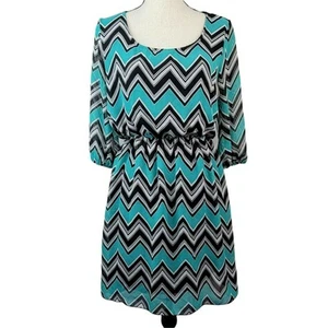 Espresso Chevron Striped Dress Womens Sz M Teal Green Black Blouson 3/4 Sleeve - Picture 1 of 5