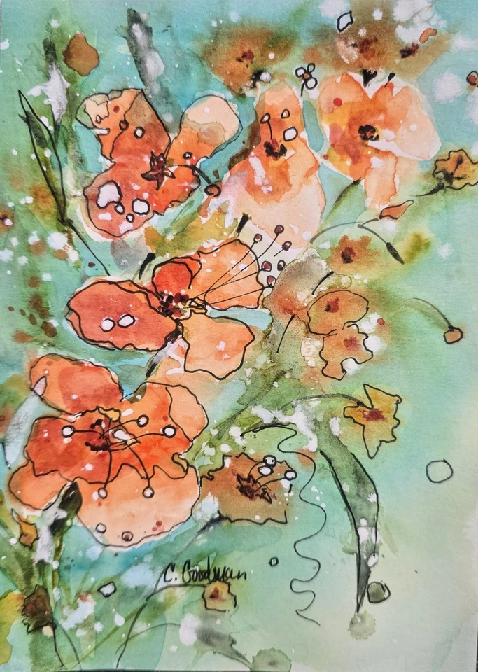 Original Signed Watercolor Painting. Vibrant. Abstract. Floral. Colorful. Orange - Image 1 of 1