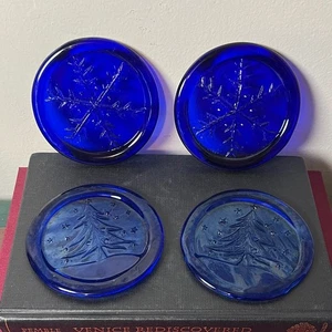 Vintage irisierend Kobaltblau Glas Winter Wonderland Weihnachten 4 Untersetzer - Bild 1 von 7