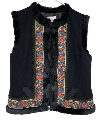 Victor Costa Vest Womens Large Faux Fur Trim Boho Wool Blend Floral Vintage Styl - Image 1 of 4