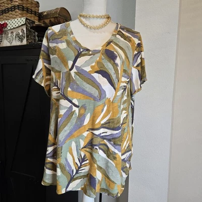 Camiseta RACHEL ZOE 100% Algodón Talla 2X Hojas Abstractas Cuello Redondo Artística 20 Foto 1 de 4