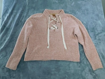 Suéter POL Para Mujer Grande Rosa Chenilla Con Cordones Pullover Recortado Cuello Simulado Acogedor Foto 1 de 4