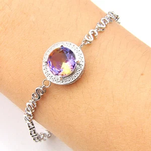 Unique Style Round Mystic Tourmaline Gemstone S Silver Chain Bracelets - Picture 1 of 5