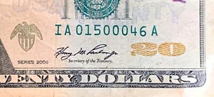 $20 Dollar Bill 2008 Circulated Fun triple ZERO Serial Number IA 015 000 46 A - Picture 1 of 3