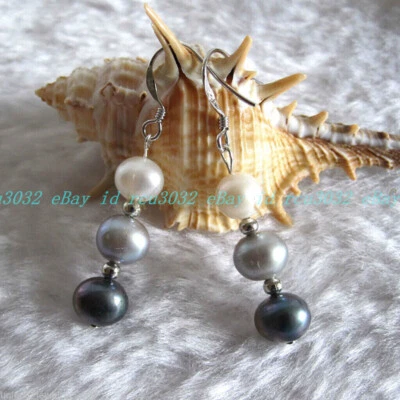 Pendientes colgantes de gancho de plata natural de 8-9 mm blanco gris negro perlas de agua dulce Foto 1 de 4