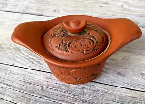 CHAWAN JAPAN KLEINE TEEKANNE MIT ZWEI TÜLLEN GEÄTZTEM STEINZEUG ROTGESCHIRR KERAMIK - Bild 1 von 8