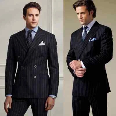 男式海军英国风格条纹西装双排扣商务套装 2 件 — 第 1/4 张图片