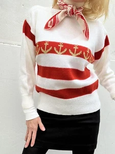Schöner selbstgestrickter Pullover GrS/36 NEU rot weiß gestreift Anker Unikat 👍 - Bild 1 von 12