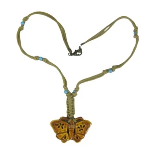 Ceramic Butterfly Pendant Necklace Beaded 16 inch Choker Braided Y Shape Yarn - Picture 1 of 7