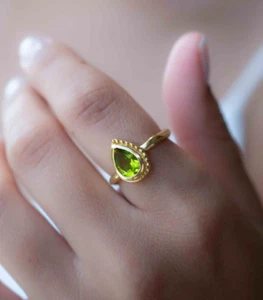 Natural Peridot 14K Gold Plated On 925 Silver Art Deco Engagement Ring For Women - Picture 1 of 5