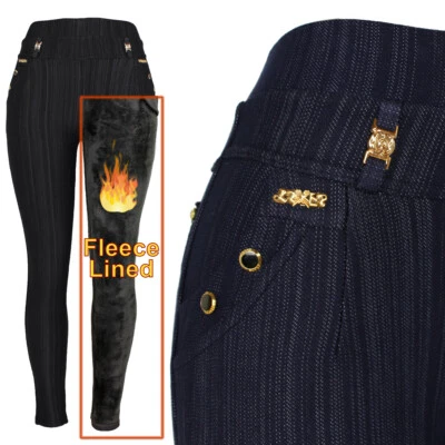Womens Denim Look Winter Pants Warm Fleece Lined Stretch Thermal Dressy leggings - Image 1 of 2
