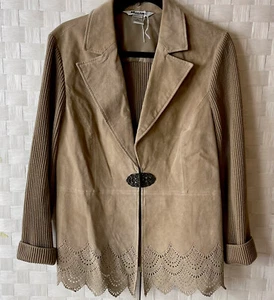 VTG. Nygard Collection Women Leather Jacket Size Lg 14/16P Suede/Knit Sleeve Tan - Picture 1 of 10