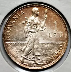 1910 Romania 1 Leu Silver Coin *Brilliant UNC! (No.1) - Picture 1 of 2