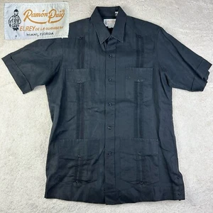 Ramon Puig Herren Schwarz 100% Leinen 4 Taschen Kurzarm Guayabera Hemd M HOCH - Bild 1 von 12