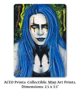 Arte Arlequín IMPRESIÓN ACEO Gótico Colorido Bufón Espeluznante Azul Retrato Cabello Oscuro - Imagen 1 de 3