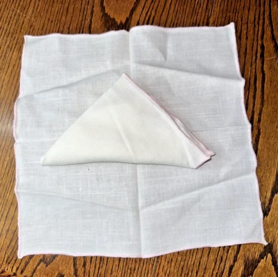 2 X Vintage White With Thin Pink Edge Linen Handkerchiefs 11.5 X11.5 In Matching - Image 1 of 4