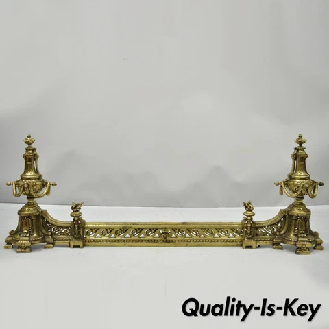 Antique French Louis XVI Brass Bronze Flame Finial Andirons w/ Adjustable Fender Cover
