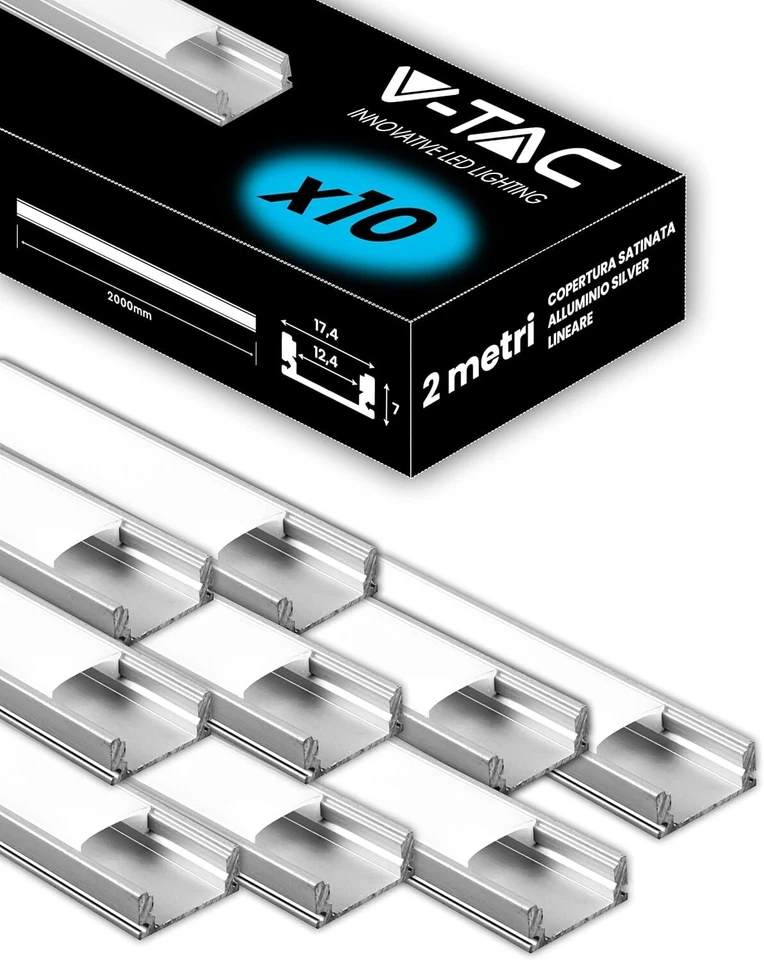 Profilo alluminio per led con diffusore 2mt kit da 5pz-10pz - Immagine 1 di 4