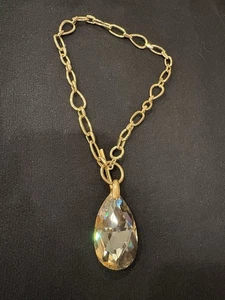 Swarovski Crystal Toggle Closure Smoky Teardrop Statement Necklace Gold Tone 16” - Picture 1 of 4