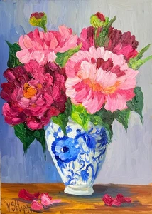 Florero arte vintage pintura al óleo rosa peonías flores naturaleza muerta 7,5 x 10 pulgadas - Imagen 1 de 7