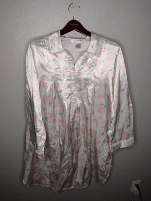 NUEVO CON ETIQUETAS Camisón Miss Elaine Camisa para Dormir Grande Blanco Satinado Floral Botón B13 Foto 1 de 4