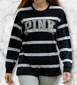 PINK Victoria's Secret Striped Black Gray White Logo Long Sleeve Top Size S - Picture 1 of 8