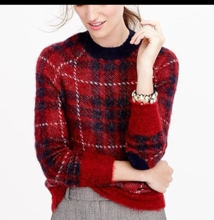 J. Suéter Crew Medio Azul A Cuadros Cepillado Mezcla de Lana Mohair Parche en el Codo Vacaciones Foto 1 de 4