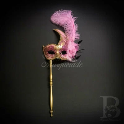 Handheld Stick Mask | Feather Masquerade Mask Gold Pink M6131 - Image 1 of 4