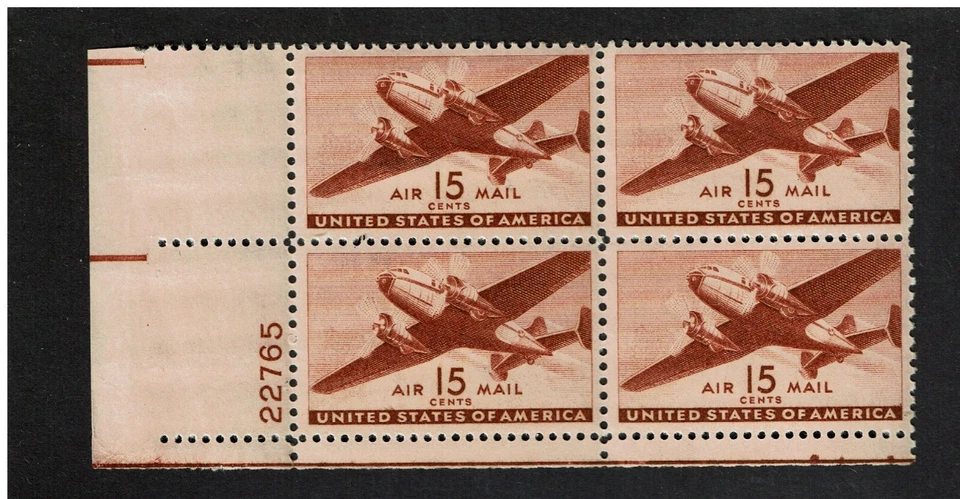 1941-4 U.S. CLASSIC AIRMAIL 15c Transport PLT#BLK of 4 Sc#C28 M/NH/OG PRISTINE^ - Image 1 of 1